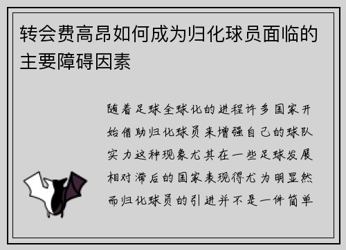 转会费高昂如何成为归化球员面临的主要障碍因素