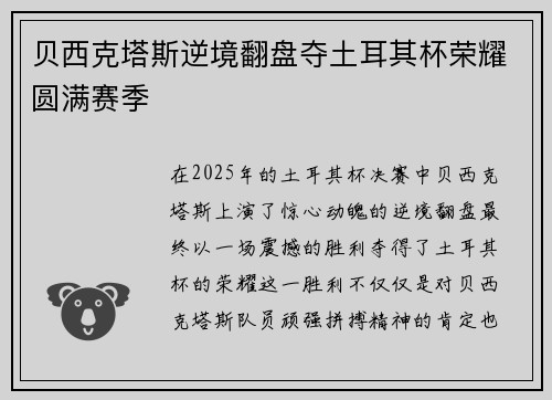 贝西克塔斯逆境翻盘夺土耳其杯荣耀圆满赛季 贝西克塔斯逆境翻盘夺土耳其杯荣耀圆满赛季
