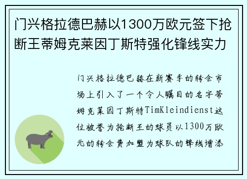 门兴格拉德巴赫以1300万欧元签下抢断王蒂姆克莱因丁斯特强化锋线实力 门兴格拉德巴赫以1300万欧元签下抢断王蒂姆克莱因丁斯特强化锋线实力